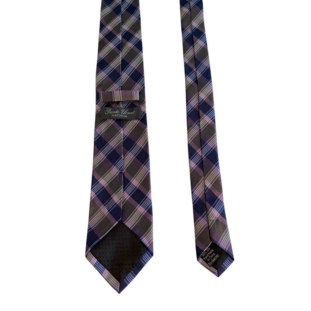 Pronto Uomo‎ Platinum Mens Plaid Silk Necktie Purple Navy Grey Check Tie